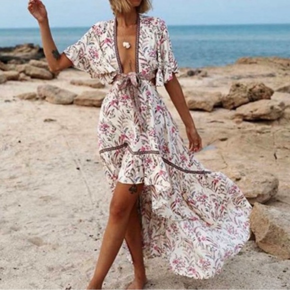 New Boho Summer Floral Hi Low Open Back Dress - Picture 2 of 12